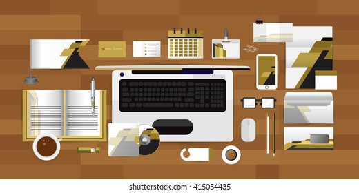 White identity template with Computer glasses coffee calendar tape  Vector company style for brandbook guideline and Pens mugs CDs books business cards letterhead flag Card Portfolio employees Tablet