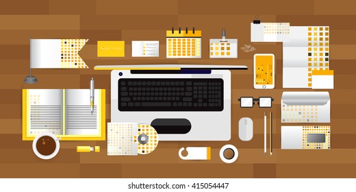 White identity template with Computer glasses coffee calendar tape  Vector company style for brandbook guideline and Pens mugs CDs books business cards letterhead flag Card Portfolio employees Tablet