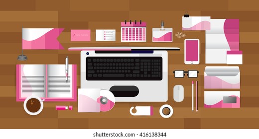 White identity template with Computer glasses coffee calendar tape Vector company style for brandbook guideline and Pens mugs CDs books business cards letterhead flag Card Portfolio employees Tablet