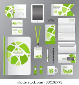 White identity template with green Circle origami elementsVector company style for brandbook guideline and Pens mugs CDs books business cards letterhead flag Card