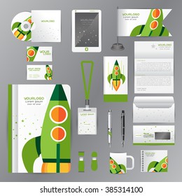 White identity template with green origami elements. Vector company style for Rocket Success Teamwork Pens mugs CDs books business cards letterhead flag Card Portfolio employees Tablet 