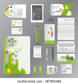 White identity template with green origami elements. Vector company style for brandbook guideline and Pens mugs CDs books business cards letterhead flag Card Portfolio employees Tablet 
