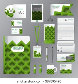 White identity template with green origami elements. Vector company style for brandbook guideline and Pens mugs CDs books business cards letterhead flag Card Portfolio employees Tablet