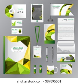 White identity template with green origami elements. Vector company style for brandbook guideline and Pens mugs CDs books business cards letterhead flag Card Portfolio employees Tablet 