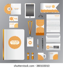 White identity template with Orange origami elements. Vector company style for brandbook guideline and Pens mugs CDs books business cards letterhead flag Card Portfolio employees Tablet flash drive