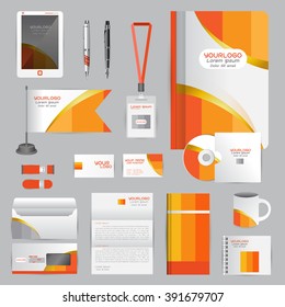 White identity template with Orange origami elements. Vector company style for brandbook guideline and Pens mugs CDs books business cards letterhead flag Card Portfolio employees Tablet
