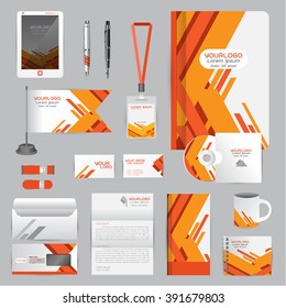 White identity template with Orange origami elements. Vector company style for brandbook guideline and Pens mugs CDs books business cards letterhead flag Card Portfolio employees Tablet