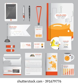 White identity template with Orange Pig Business charts the work of saving and Pens mugs CDs books business cards letterhead flag Card Portfolio employees Tablet