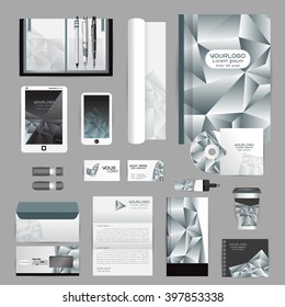 White identity template with origami elements. Vector company style for brandbook guideline and Pens mugs CDs books business cards letterhead flag Card Portfolio employees Tablet
