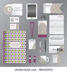 White identity template with purple vintage origami elementsVector company style for brandbook guideline and Pens mugs CDs books business cards letterhead flag Card