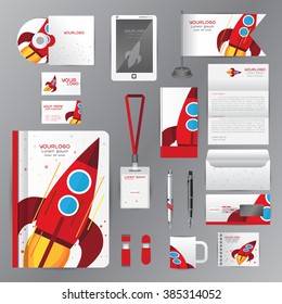 White identity template with red origami elements. Vector company style for Rocket Success Teamwork Pens mugs CDs books business cards letterhead flag Card Portfolio employees Tablet 