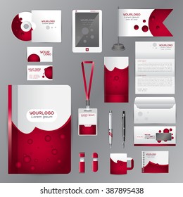 White identity template with red origami elements. Vector company style for brandbook guideline and Pens mugs CDs books business cards letterhead flag Card Portfolio employees Tablet 