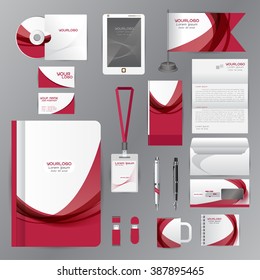 White identity template with red origami elements. Vector company style for brandbook guideline and Pens mugs CDs books business cards letterhead flag Card Portfolio employees Tablet 