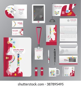 White identity template with red origami elements. Vector company style for brandbook guideline and Pens mugs CDs books business cards letterhead flag Card Portfolio employees Tablet 