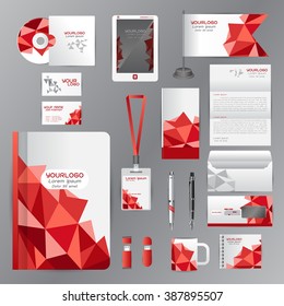 White identity template with red origami elements. Vector company style for brandbook guideline and Pens mugs CDs books business cards letterhead flag Card Portfolio employees Tablet 