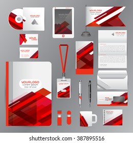 White identity template with red origami elements. Vector company style for brandbook guideline and Pens mugs CDs books business cards letterhead flag Card Portfolio employees Tablet 