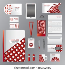 White identity template with red square origami elementsVector company style for brandbook guideline and Pens mugs CDs books business cards letterhead flag Card