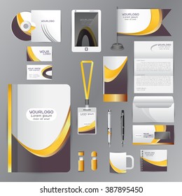 White identity template with Yellow Black origami elements. Vector company style for brandbook guideline and Pens mugs CDs books business cards letterhead flag Card Portfolio employees Tablet 