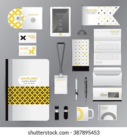 White identity template with Yellow Black origami elements. Vector company style for brandbook guideline and Pens mugs CDs books business cards letterhead flag Card Portfolio employees Tablet 