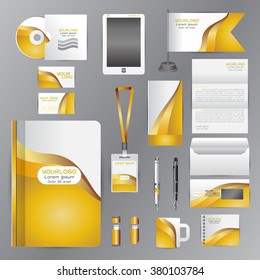 White identity template with Yellow origami elements. Vector company style for brandbook guideline and Pens mugs CDs books business cards letterhead flag Card Portfolio employees Tablet flash drive