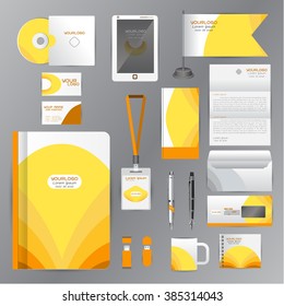 White identity template with Yellow origami elements. Vector company style for brandbook guideline and Pens mugs CDs books business cards letterhead flag Card Portfolio employees Tablet 