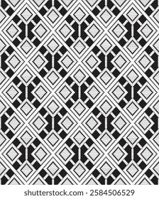 White ikat diamond shaped symmetric geometrical seamless pattern on black for fabric prints, textile, wrapping paper, cushion cover, and other digital prints