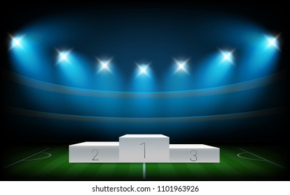 White illuminated sport podium. Soccer arena illuminated with spot lights