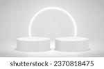 White illuminated studio with arc neon and two podium. 3d vector illustration