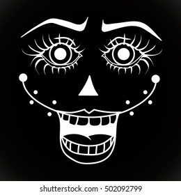 white illustration with scary doll face on black background