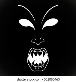 white illustration with scary vampire face on black background