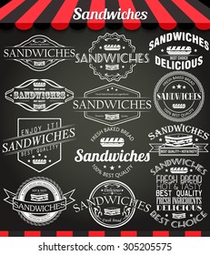 White illustration set of sandwiches retro vintage labels, badges and logos on blackboard. See more in set 
