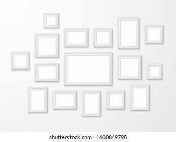 White image frames. Realistic picture frame in different forms mockups, art gallery blank framing template for modern interior vector simple photoframe set