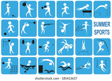 White image icons with summer activities port on a blue background.