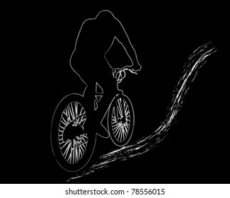 white image  of mountain biker on a black background