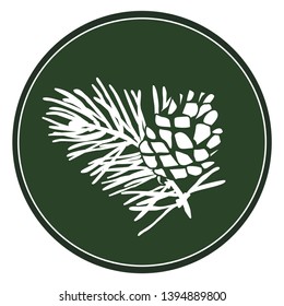 White image of a pine on a dark green background. Druid tree. Celtic plant calendar. White logo of Scots pine in a circle. Vector plant element for natural patterns