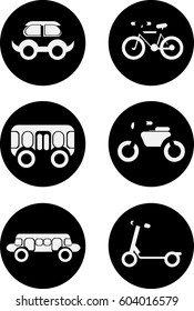 White images of urban transport on the black circles.