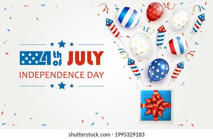 White Independence day background. Lettering 4th of July with balloons, gift boxes and rocket fireworks. Independence day theme. Illustration can be used for holiday design, banners, cards, posters.