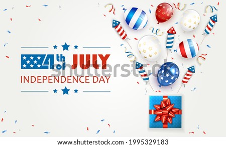 White Independence day background. Lettering 4th of July with balloons, gift boxes and rocket fireworks. Independence day theme. Illustration can be used for holiday design, banners, cards, posters.