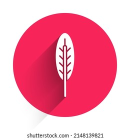 White Indian feather icon isolated with long shadow. Native american ethnic symbol feather. Red circle button. Vector