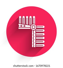 White Indian headdress with feathers icon isolated with long shadow. Native american traditional headdress. Red circle button. Vector Illustration