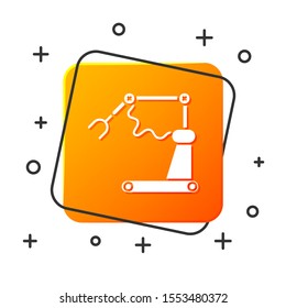 White Industrial machine robotic robot arm hand factory icon isolated on white background. Industrial robot manipulator. Orange square button. Vector Illustration