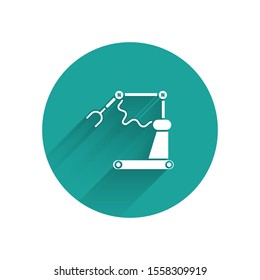 White Industrial machine robotic robot arm hand factory icon isolated with long shadow. Industrial robot manipulator. Green circle button. Vector Illustration