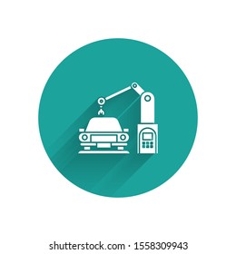 White Industrial machine robotic robot arm hand on car factory icon isolated with long shadow. Industrial automation production automobile. Green circle button. Vector Illustration