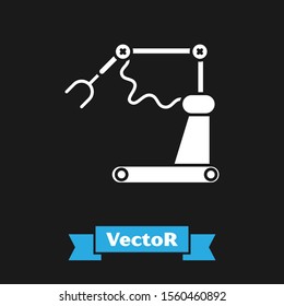 White Industrial machine robotic robot arm hand factory icon isolated on black background. Industrial robot manipulator.  Vector Illustration