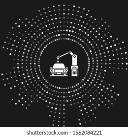 White Industrial machine robotic robot arm hand on car factory icon isolated on grey background. Industrial automation production automobile. Abstract circle random dots. Vector Illustration