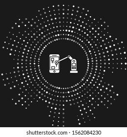 White Industrial machine robotic robot arm hand on mobile phone factory icon isolated on grey background. Industrial robot manipulator. Abstract circle random dots. Vector Illustration