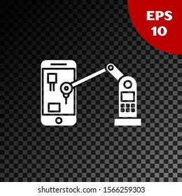 White Industrial machine robotic robot arm hand on mobile phone factory icon isolated on transparent dark background. Industrial robot manipulator.  Vector Illustration