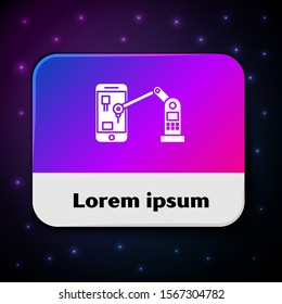 White Industrial machine robotic robot arm hand on mobile phone factory icon isolated on black background. Industrial robot manipulator. Rectangle color button. Vector Illustration