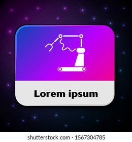 White Industrial machine robotic robot arm hand factory icon isolated on black background. Industrial robot manipulator. Rectangle color button. Vector Illustration