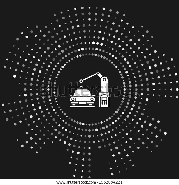 White Industrial machine robotic robot arm\
hand on car factory icon isolated on grey background. Industrial\
automation production automobile. Abstract circle random dots.\
Vector Illustration